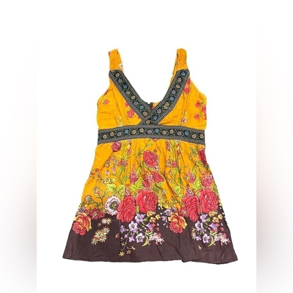 Unbranded 90s Y2K Faircore Top Yellow & Brown Floral Print Baby Doll Size Medium - Picture 1 of 4
